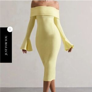 Club L London Emma Lemon Bardot Flared-Sleeve Midi Dress Size UK14